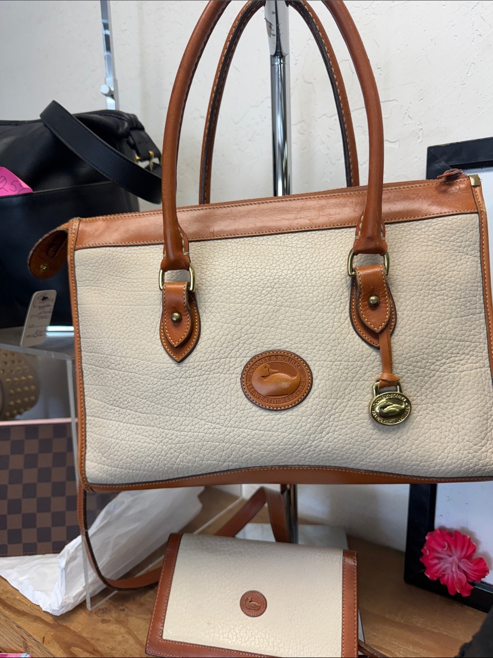 Classic Vintage Two-Tone Cream and Brown Leather Tote